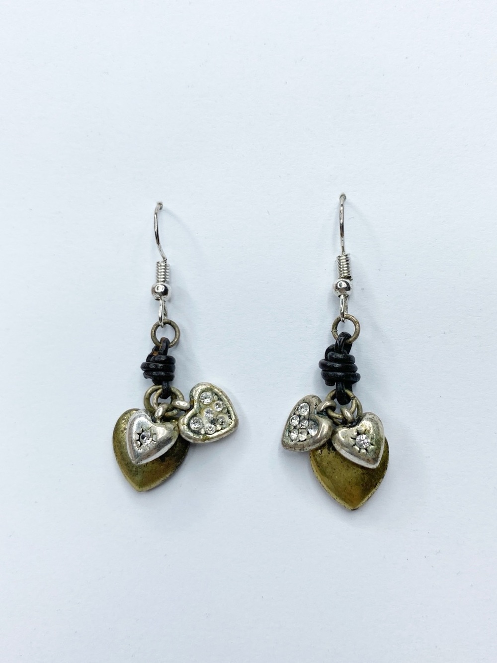 Fossil Heart Charm Drop Earrings Mixed Metal Rhinestone Boho Y2K